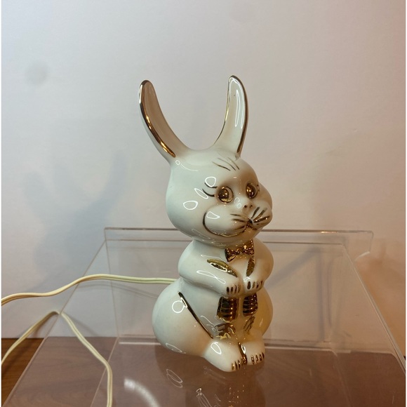 Vintage MCM Porcelain Bunny Rabbit w/ BowTie Children’s Night Light, White/Gold - Picture 5 of 9